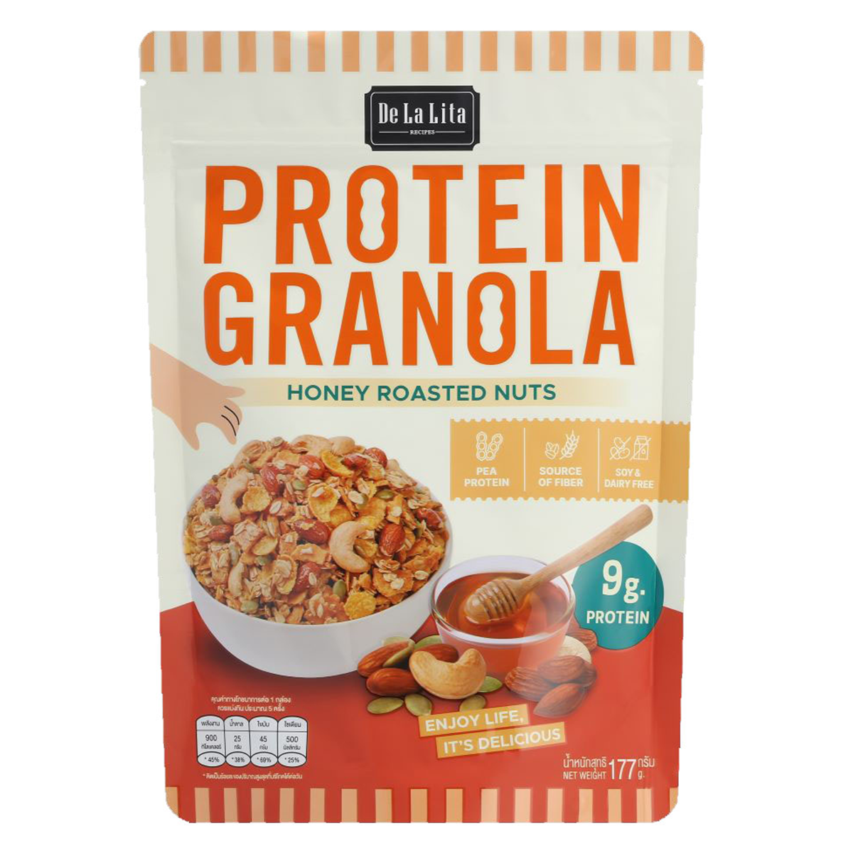 Delalita Protein Granola Honeynuts in a bowl with nuts and honey, showcasing the healthy, crunchy snack from the grocery product line.