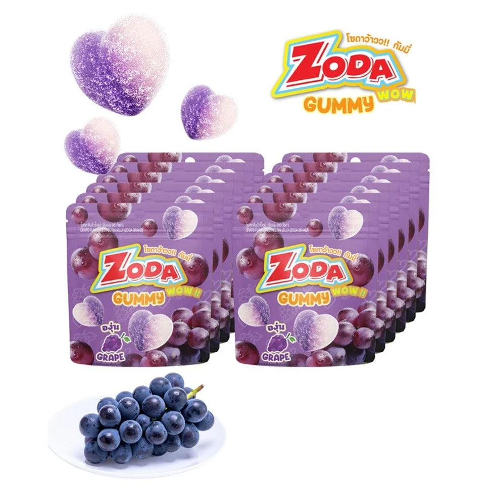 ZODA Zoda Wow Gummy Grapes, 12 packs of 45g snack gummies, colorful grape-flavored confectionery in a clear bag
