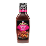 Bottle of McCormick Grill Mates Sichuan Mala Sauce, a spicy and flavorful grocery condiment with red chili peppers and garlic visible inside