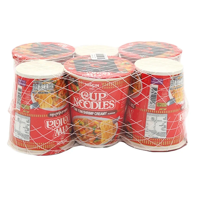 NISSIN Cup Tomyum Kung instant noodle pack, 77g x6, dry grocery product with spicy Tomyum flavor and seafood ingredients.