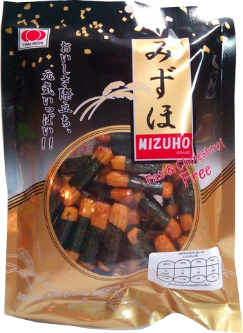 Mizuho rice cracker from Mizuho confectionery snacks in a clear package with crunchy, golden-brown rice cracker pieces inside.