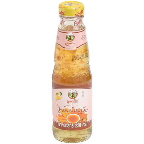 Bottle of Pantainorasingh Sweet & Sour Plum Sauce with label visible, used for Asian cuisine and dipping.