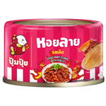 Canned Pumpui Fried Baby Clams in a bowl, ready to serve, showing the brand label Pumpui on the packaging.