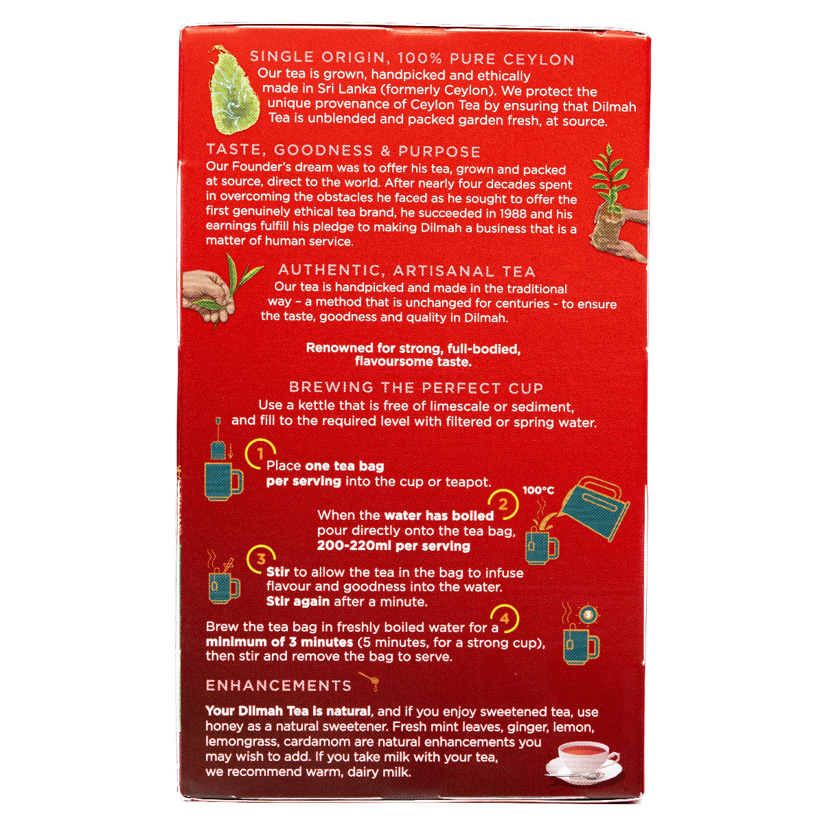 Box of Dilmah English Breakfast Tea bags, 25-count, with tea bags visible inside, ideal for a hot breakfast drink.