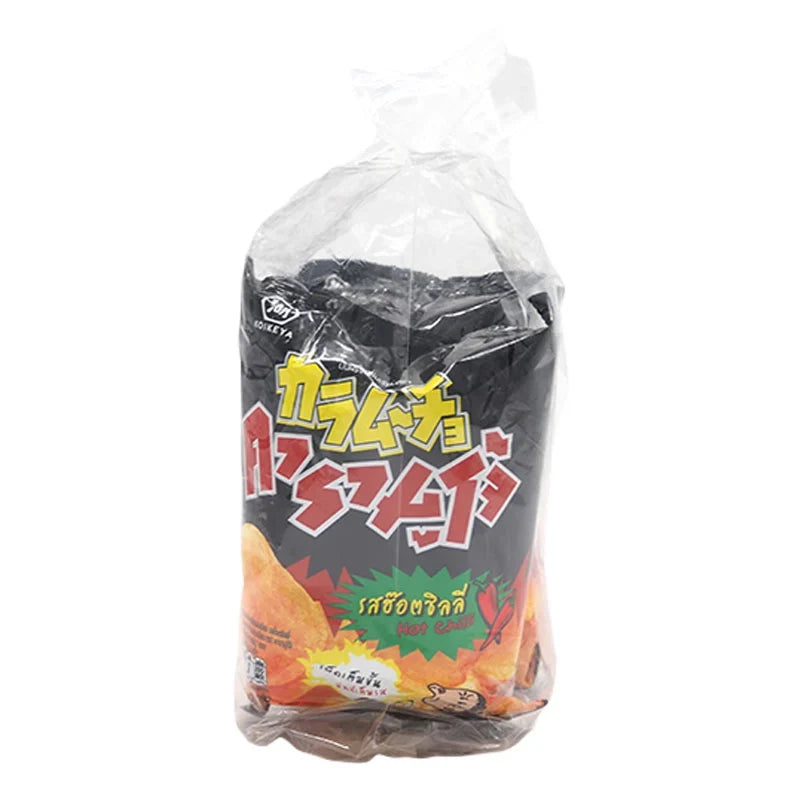 Karamucho Hot Chili Potato Chips in 40g flat cut snack packs, crispy and spicy dry grocery snack.