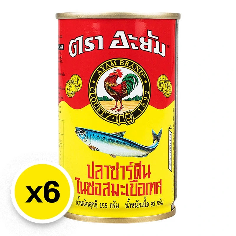 Canned Ayam sardines in tomato sauce, 155g per can, stacked in a box for dry grocery shopping.