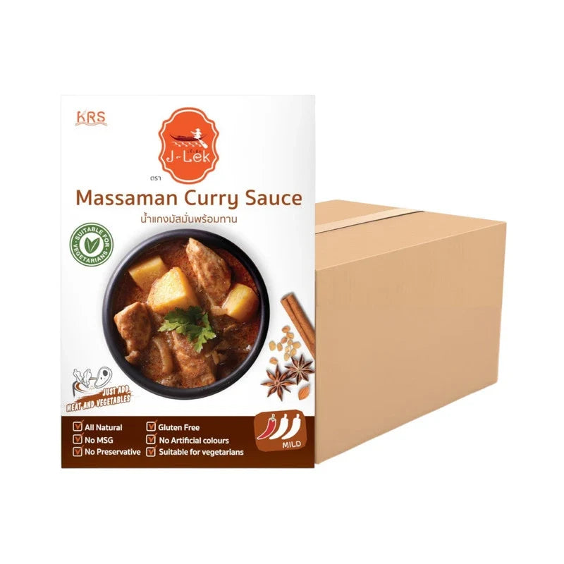 J-LEK Massaman Curry Paste Packets 250g shown in a dry grocery image, featuring vibrant packaging and fresh ingredients.