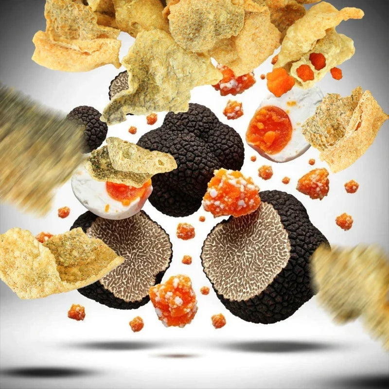 O-YUA Crispy Salmon Skin snack with truffle and salted egg flavor, 35g, showing crunchy salmon skin pieces with seasoning.