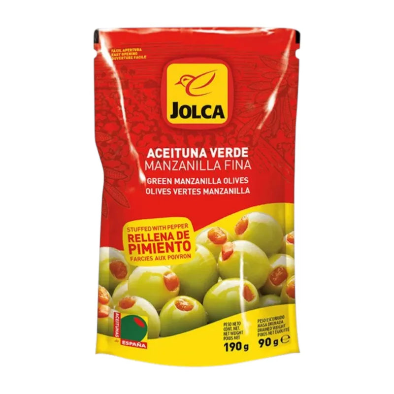 Jolca Pepper Paste Stuffed Manzanilla Olives in 190g jar, dry grocery product showcasing olives filled with spicy pepper paste