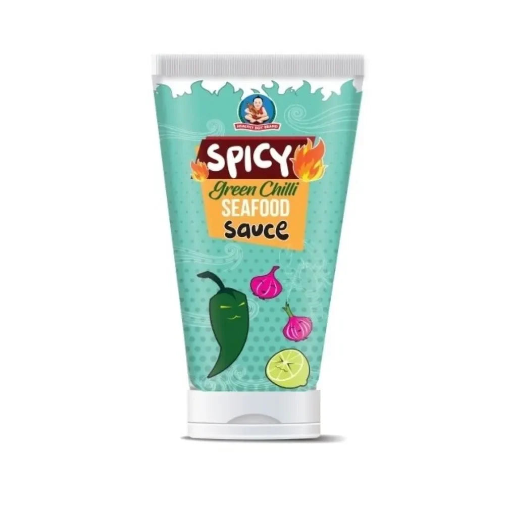 Deksomboon spicy green chili seafood sauce in 150g jar, showcasing vibrant green chilies and seafood ingredients.