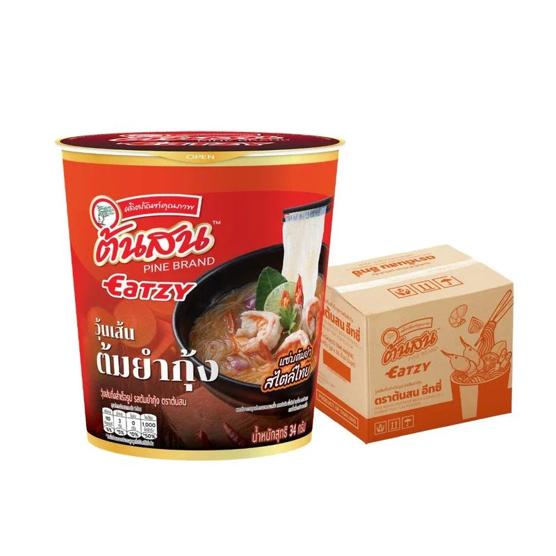 Tonson Eatsy Tom Yum Kung flavor instant vermicelli cups, 34g, dry grocery product with vibrant packaging and noodles inside.