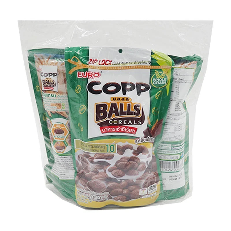 Copp Balls Wholegrain Cereals with Chocolate, 70g packs, dry grocery product, showing colorful cereal balls in a bowl.