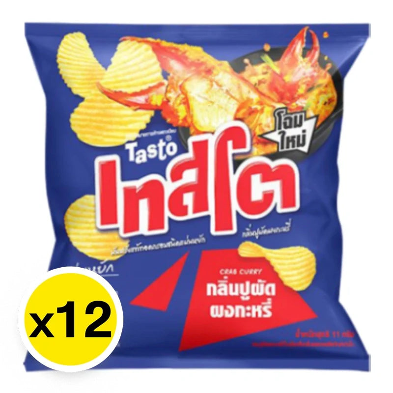Tasto Potato Rock Chips Crab Curry flavor, 11g snack pack, crispy dry grocery snack in colorful packaging.