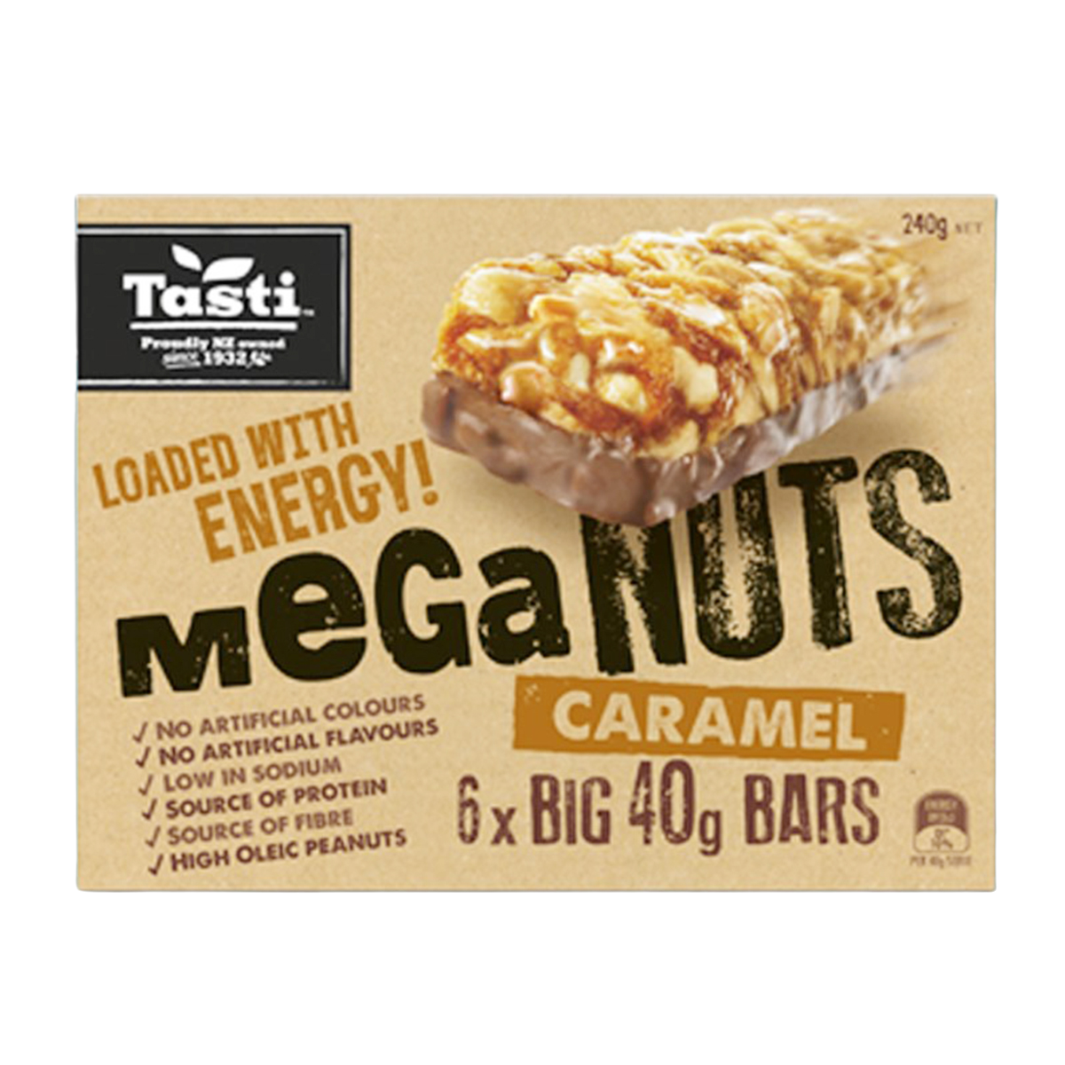 Tasti Mega Nuts Caramel Bar showing a chocolate-covered snack with nuts and caramel inside, on a white background.