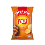 LAYS Rock Extra BBQ snacks in 180g packs, showing colorful, seasoned potato chips on a snack tray.