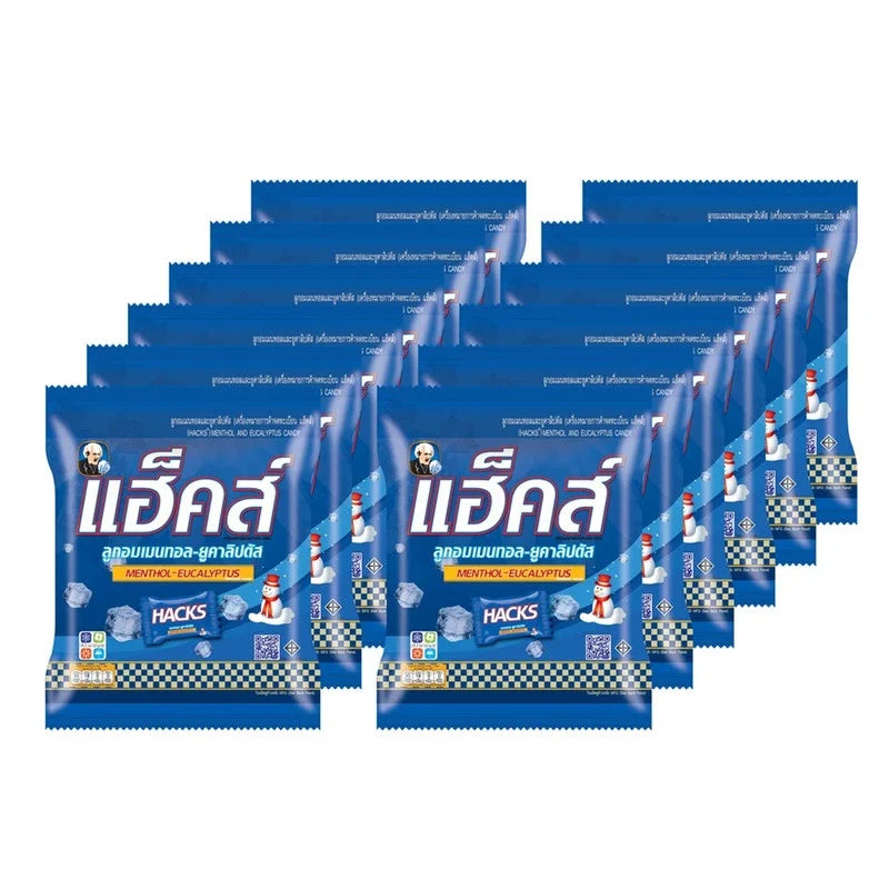 Hacks Candy Menthol Eucalyptus 24.3g, pack of 12, featuring individually wrapped mint and eucalyptus flavored candies.
