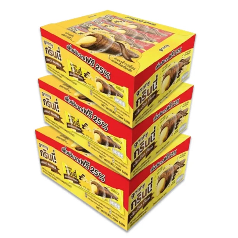 GRINNY chocolate-coated banana cream snacks, 15g x3 packs, dry grocery snack confectionery with a glossy chocolate exterior and banana filling.