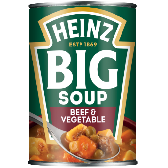 Heinz Big Soup Beef and Vegetables in a bowl, showing chunks of beef, carrots, and peas in a hearty soup.