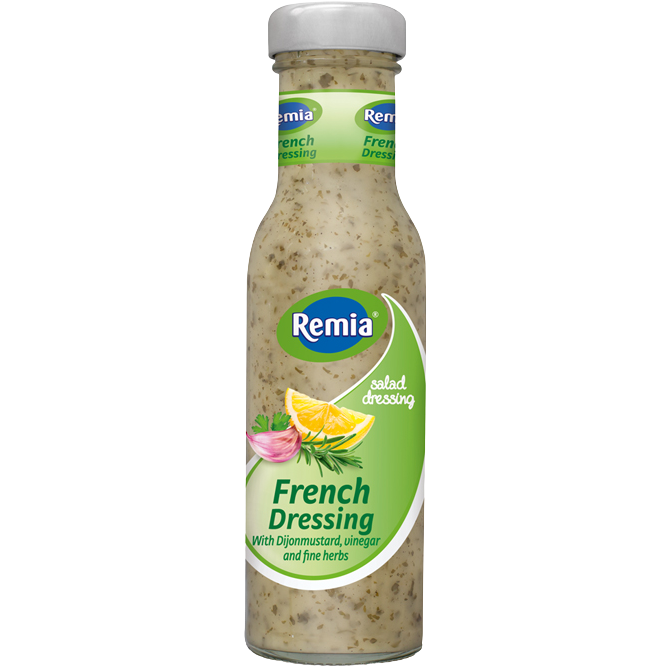 Remia French Salad Dressing bottle with label, close-up view showing the grocery product in a clear container.