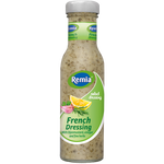 Remia French Salad Dressing bottle with label, close-up view showing the grocery product in a clear container.