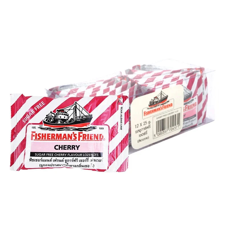 Fisherman's Friend Sugar-Free Cherry Lozenges in a pack of 12, a dry grocery snack with cherry flavor and soothing confectionery.