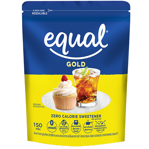 Equal Gold sweetener package showing golden-yellow packets for healthy sugar alternative in grocery aisle.