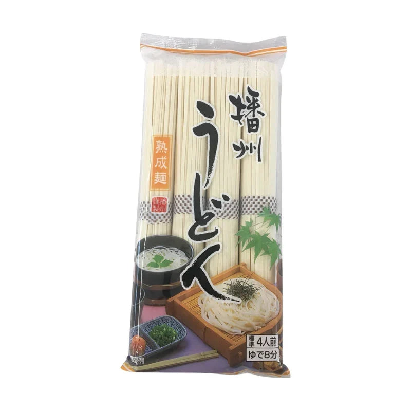 Kanesu Banshu Udon 400g dry Japanese udon noodles in a clear plastic package, ideal for cooking traditional udon dishes