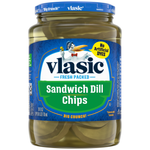 Jar of Vlasic Sandwich Dill Chips with sliced dill pickles inside, ready for sandwiches or snacking.