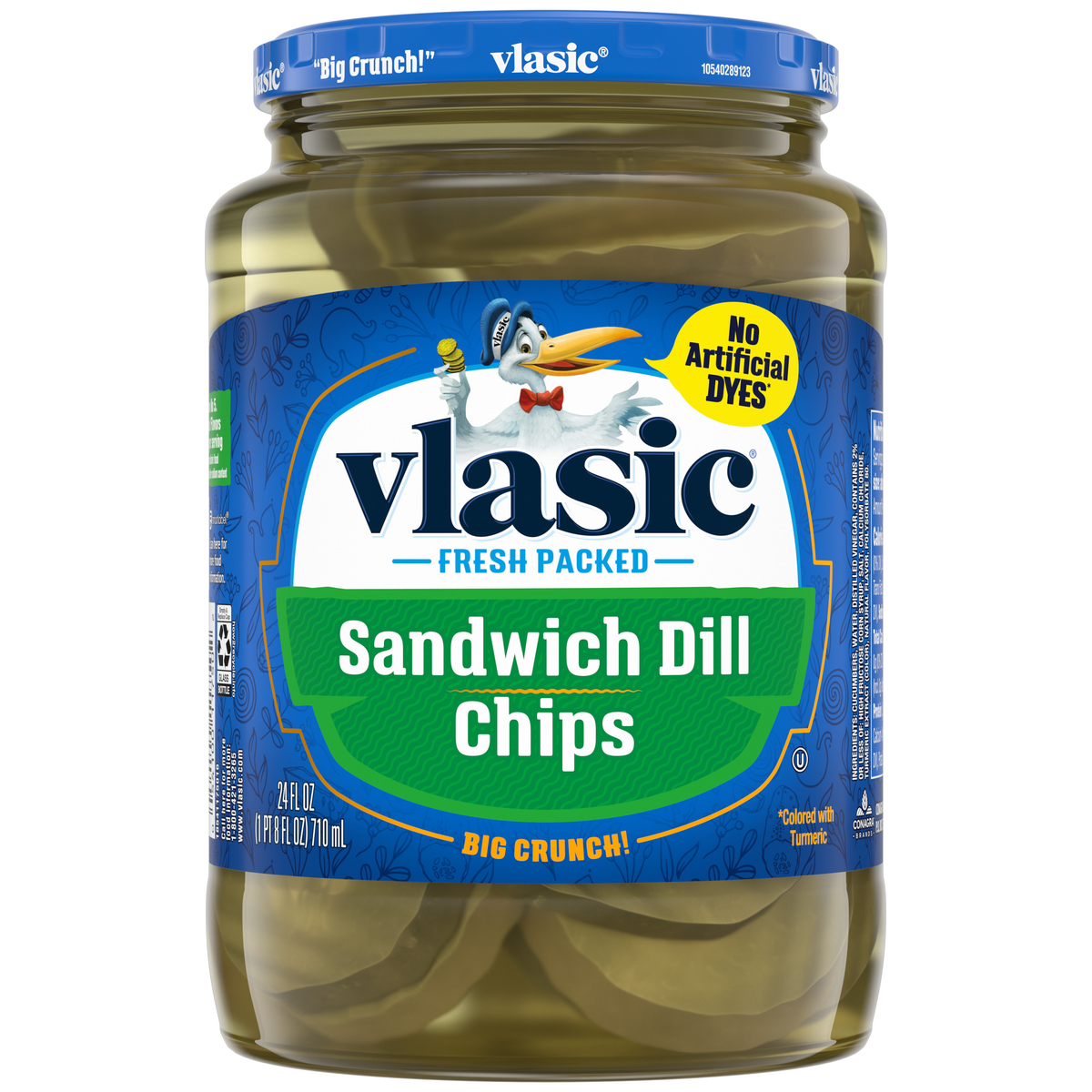 Jar of Vlasic Sandwich Dill Chips with sliced dill pickles inside, ready for sandwiches or snacking.