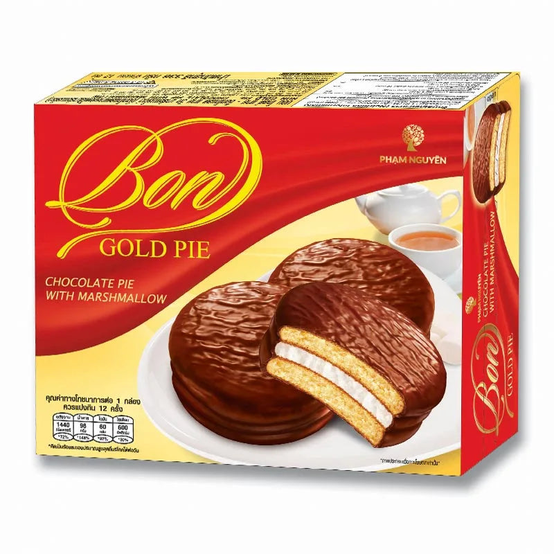 BON Gold Pie Chocolate with Marshmallow, 28g, featuring a crispy pie crust filled with chocolate and marshmallow, in a 12-pack.