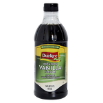 Bottle of Durkee vanilla extract for baking, with clear label showing vanilla flavor and brand name, on a kitchen countertop.