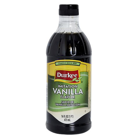Bottle of Durkee vanilla extract for baking, with clear label showing vanilla flavor and brand name, on a kitchen countertop.
