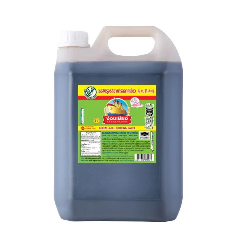 Nguan Chiang Green Label seasoning sauce bottle, 4300ml, in a clear plastic container, ready for cooking or seasoning dishes.