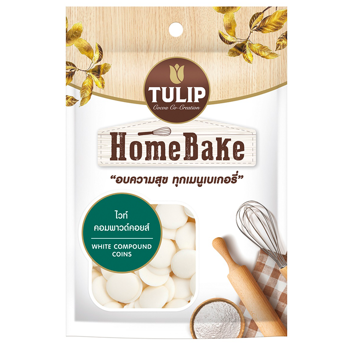White compound coins from Tulip Home Bake, ideal for baking, displayed in a clear container on a grocery shelf.