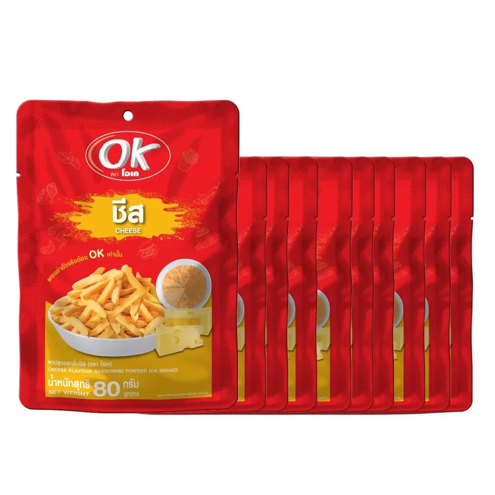 OK Shake Powder Cheese Flavor 80g dry grocery product with cheese-flavored powdered seasoning in a clear container.
