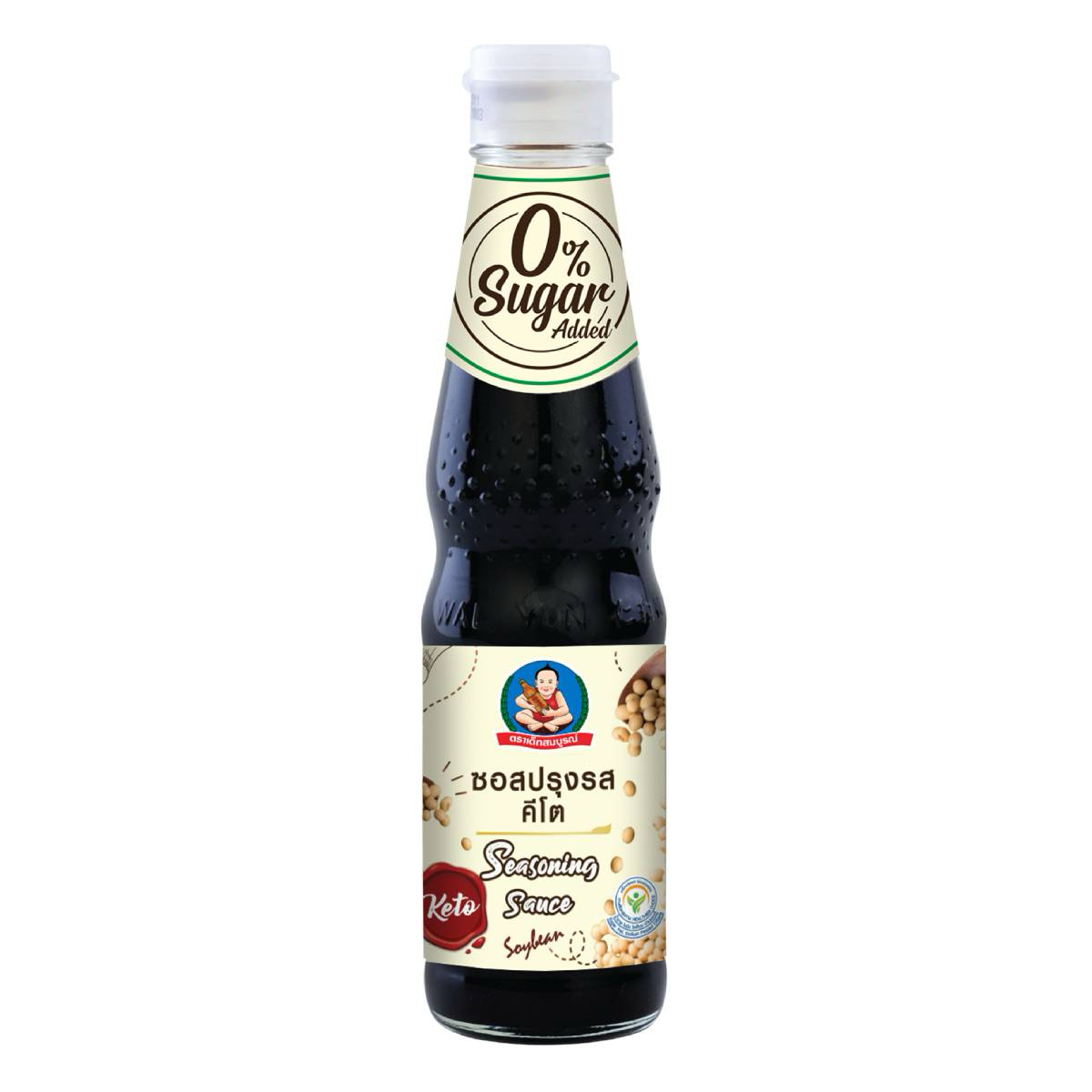 Deksomboon Keto Thin Soy Sauce bottle, featuring clear label, dark soy sauce liquid inside, on a white background.