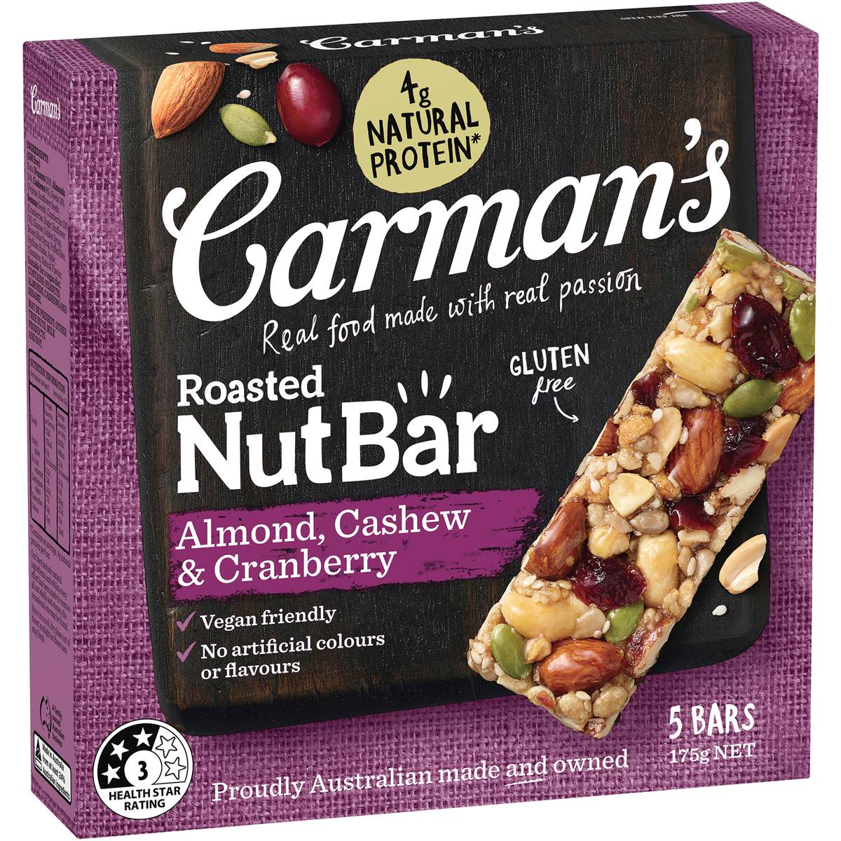 Carman's Almond Cashew and Cranberry Bars, healthy snack bars with nuts and dried fruit, on a white background.