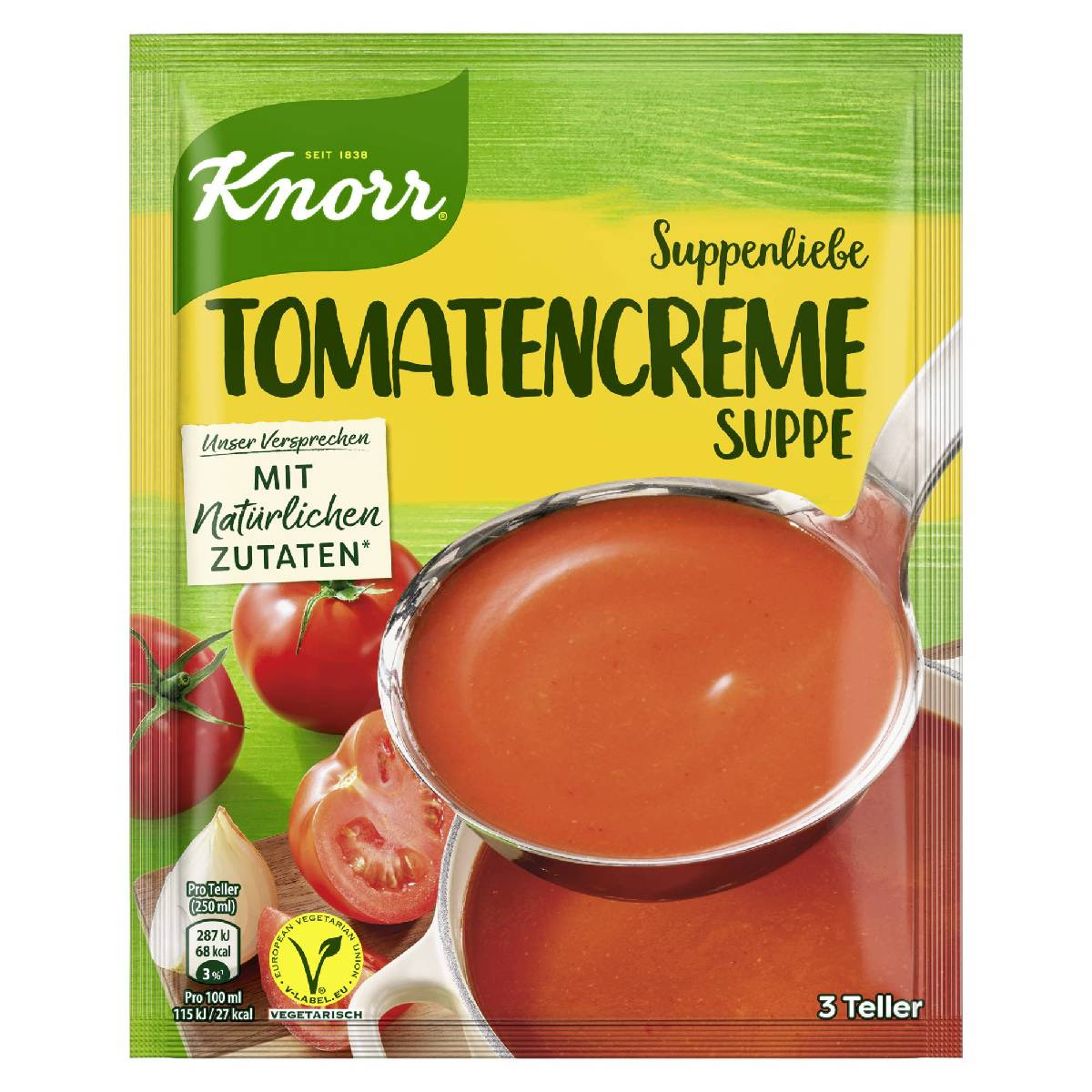 Creamy tomato soup in a bowl, featuring fresh tomatoes and herbs from Tomatencreme brand for a flavorful grocery product.