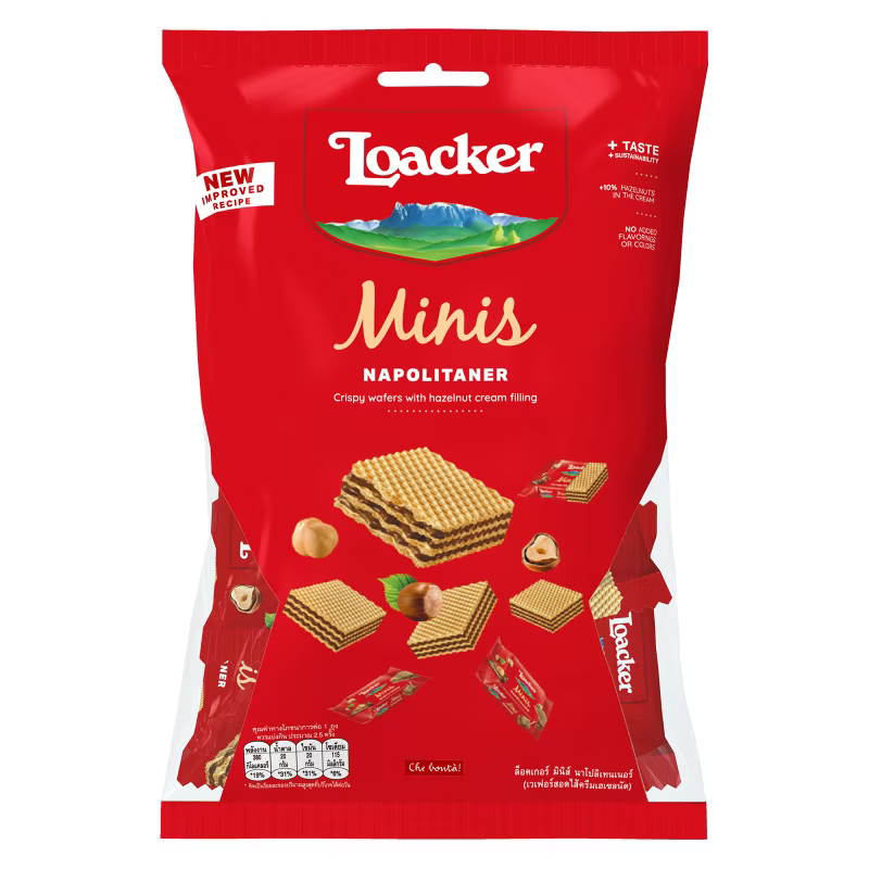 Loacker Mini Napolitaner confectionery snacks featuring small chocolate-filled wafer treats with hazelnut cream.