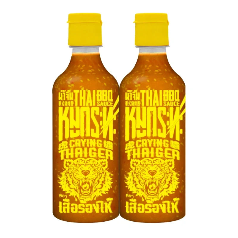 Crying Thaiger BBQ Sauce 490g bottle, dry grocery product, with vibrant label and sauce inside, packaged in a pair of bottles.