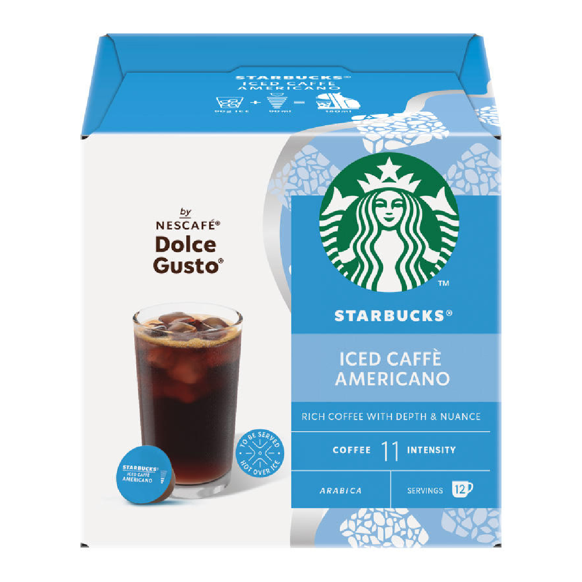 Starbucks Dolce Gusto Iced Caffe Americano drink in a clear glass with ice, featuring a dark coffee color and foamy top.