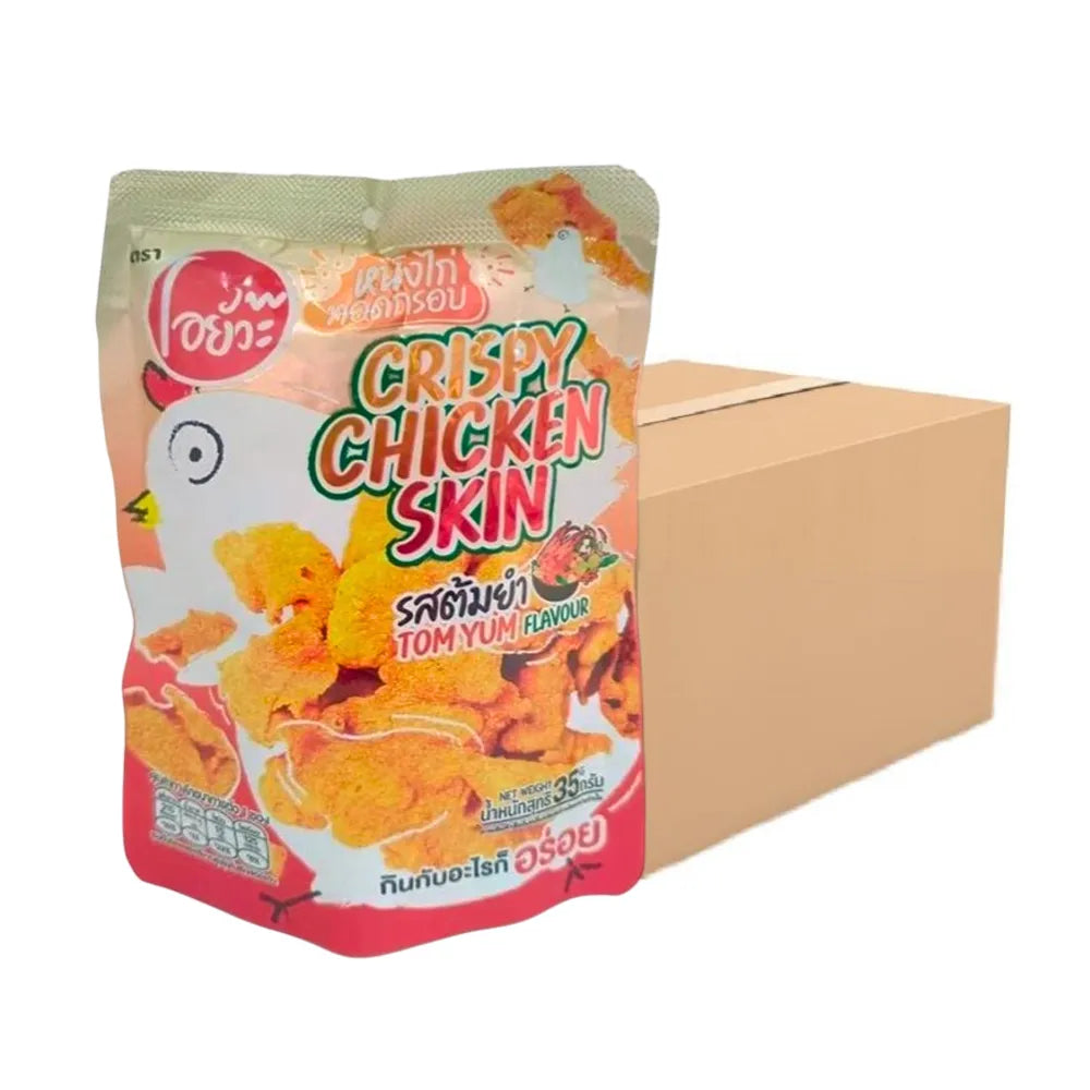 O-YUA Crispy Chicken Skin Tom Yum flavor snack in 35g box, crunchy and flavorful Thai-style chicken skin confectionery