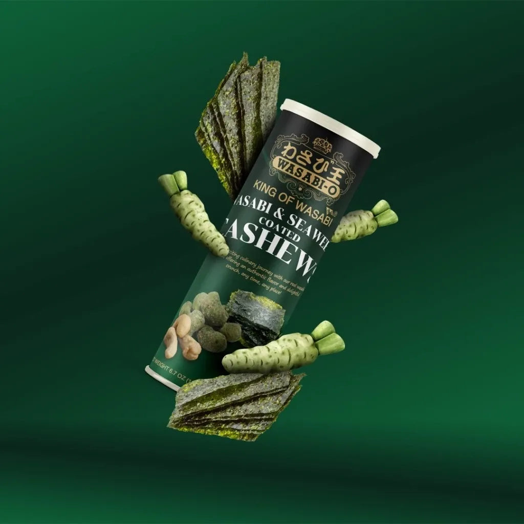 Wasabi-o coated cashews with seaweed flavor, dry grocery snack in a colorful package, showcasing the wasabi and seaweed coating.