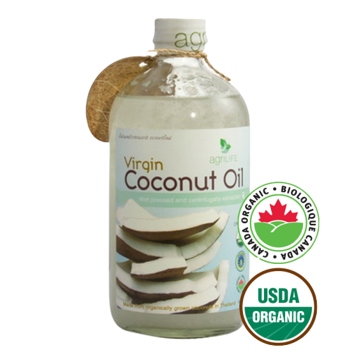 Organic Agrilife Virgin Coconut Oil bottle showing a clear label with a white cap on a light background