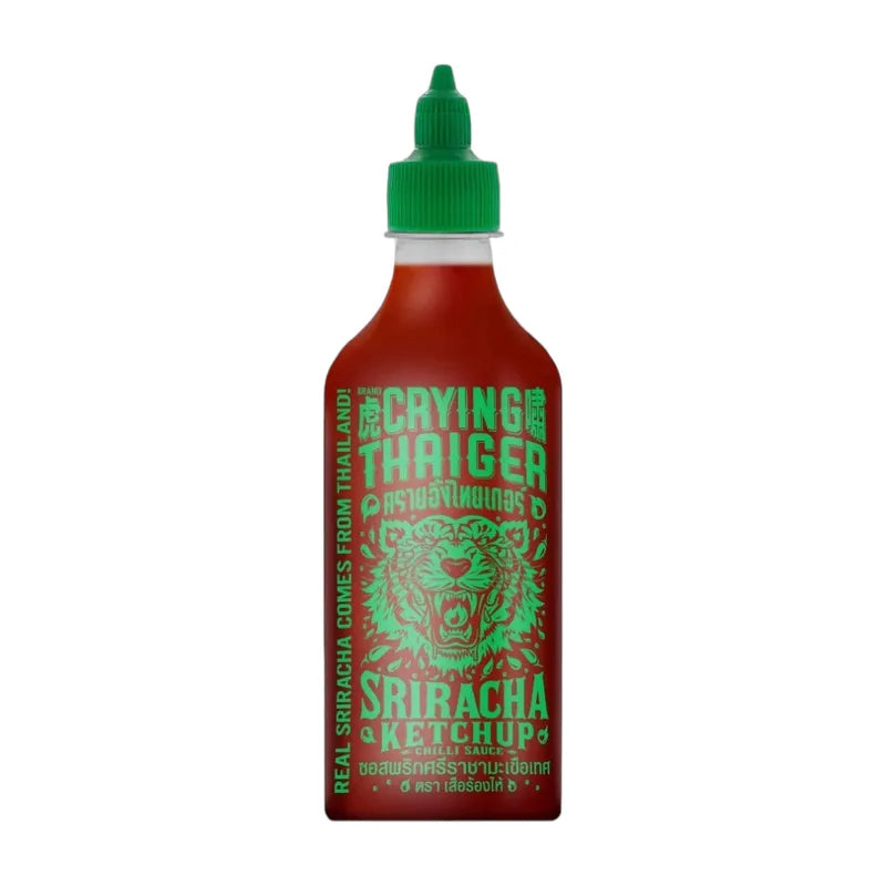 Crying Thaiger Sriracha Tomato Chili Sauce in 528g bottle, spicy Thai condiment with a bright red sauce and tiger branding.