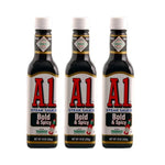Kraft Heinz A1 Steak Sauce with tomato puree in a glass bottle, showing the label and sauce inside.