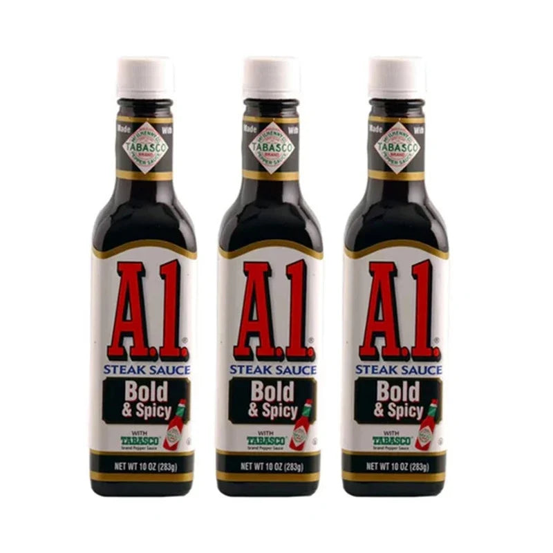 Kraft Heinz A1 Steak Sauce with tomato puree in a glass bottle, showing the label and sauce inside.
