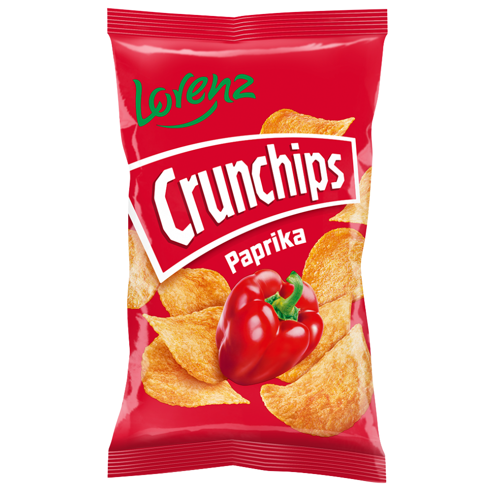 Lorenz Crunchips Paprika snack bag showing crispy potato chips seasoned with paprika in a colorful package.