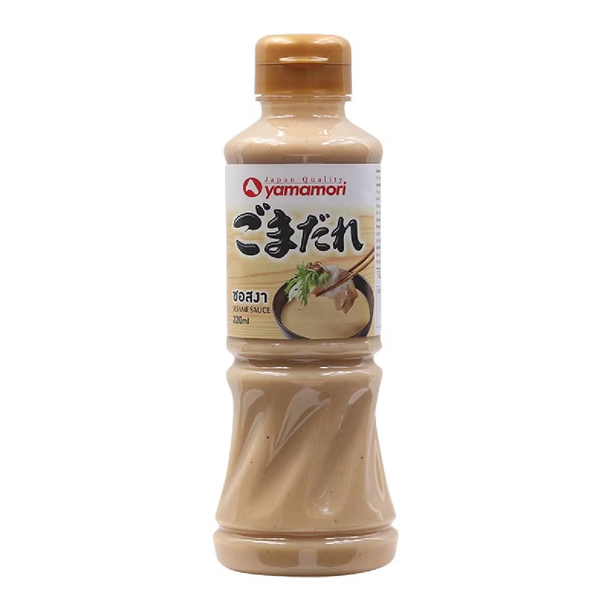 Bottle of Yamamori Sesame Sauce, a Japanese grocery product with creamy sesame paste and sauce in a clear plastic bottle.