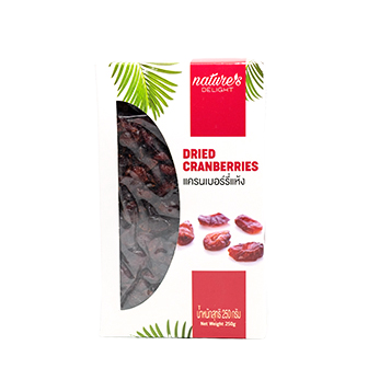 Dried cranberries in a clear bowl, natural snack by Nature's Delight, showcasing vibrant red, chewy confectionery treats.